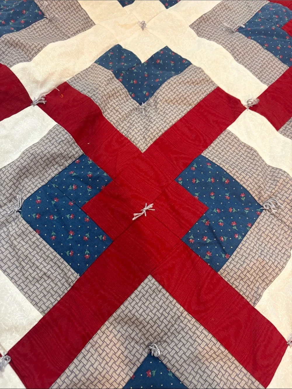 Hand Crafted Red, Blue & Cream Geometric Patchwork Quilt